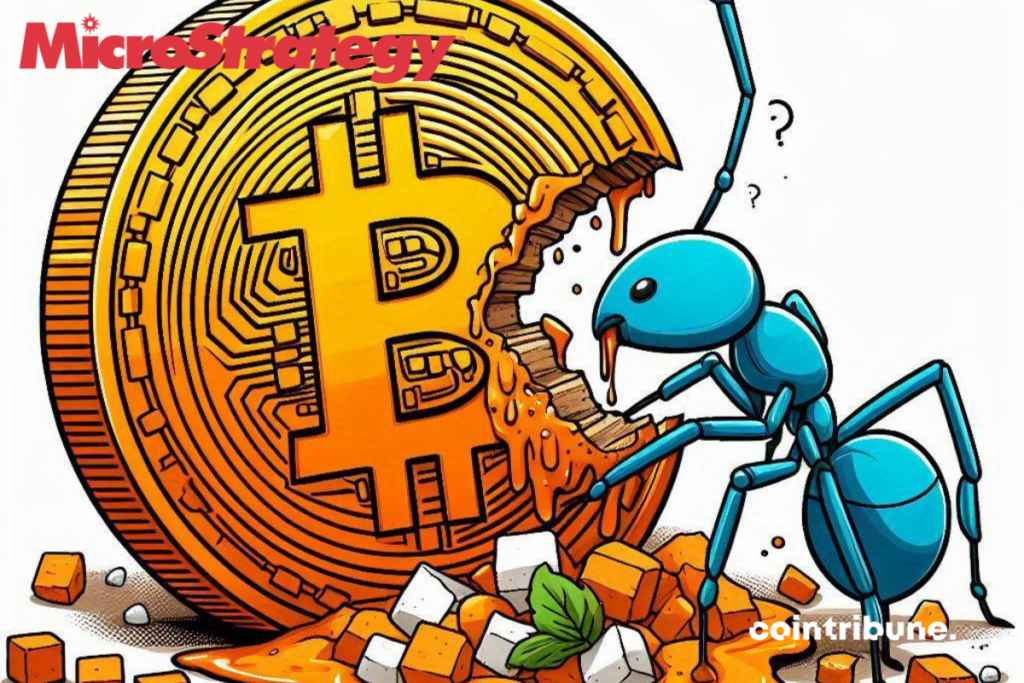 Fourmis croquant un bout de pièce de bitcoin, logo de MicroStrategy