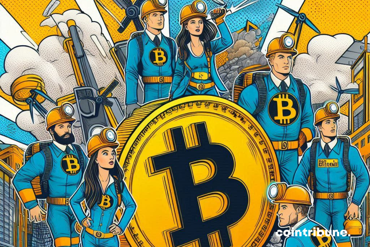 Ouvriers et pièce de bitcoin