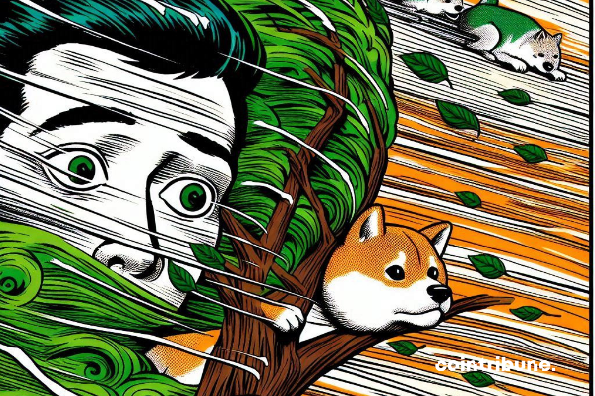Shiba Inu agrippé à un arbre en plein cyclone