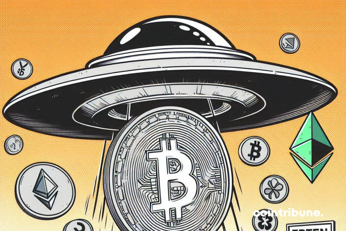 Soucoupe volante, pièce de bitcoin et autres cryptos