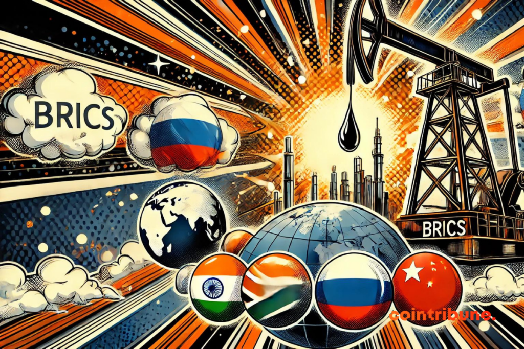 Drapeau des BRICS devant une plateforme pétrolière