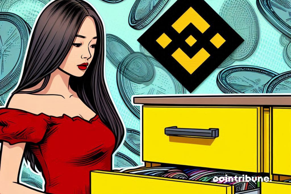 Young girl looking through a drawer, Binance logo