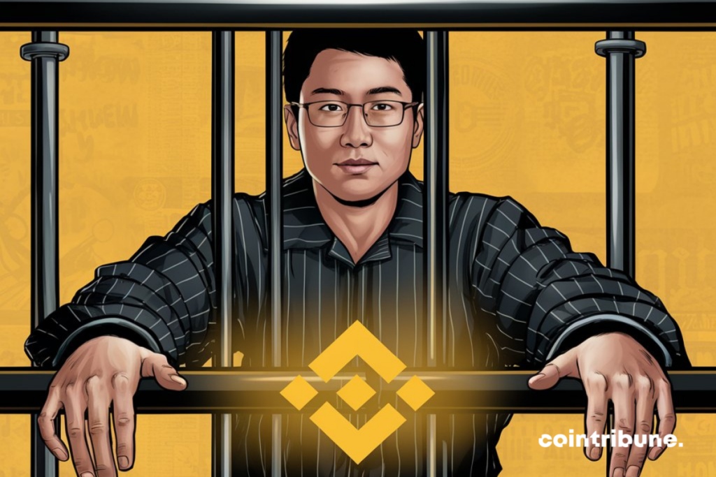 Carricature de CZ derrière les barreaux, logo de Binance