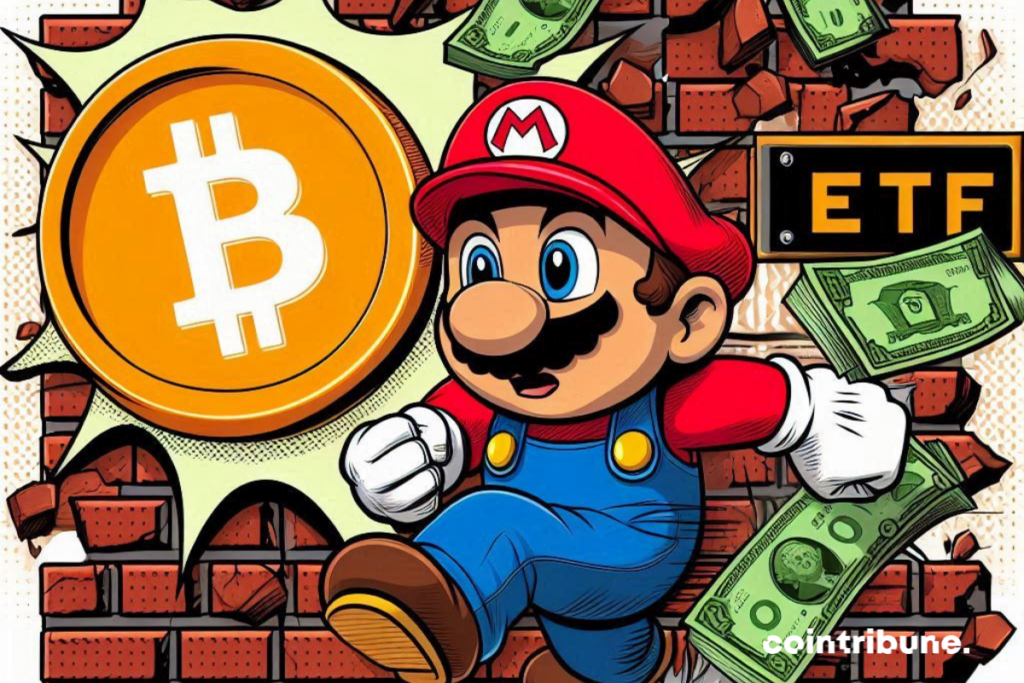 Super Mario, pièce de crypto, billets de dollars