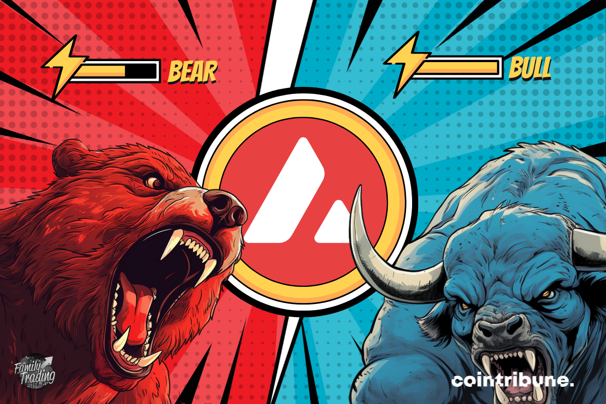 Logo Avaxe fond rouge et bleu avec de parts et d’autres un ours rouge et un taureau bleu enragés. En haut de chacun, on peut voir la barre de pouvoir de chacun.