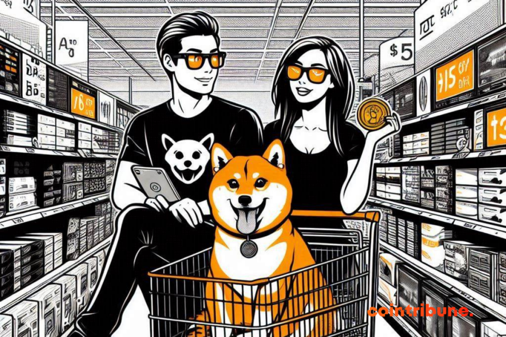 Couple de geek, caddy avec chien Shiba Inu