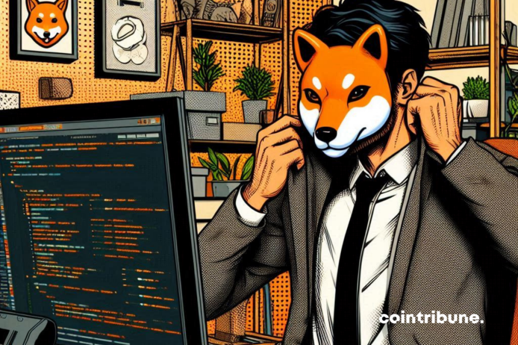 Photo d'un informaticien avec masque Shiba Inu