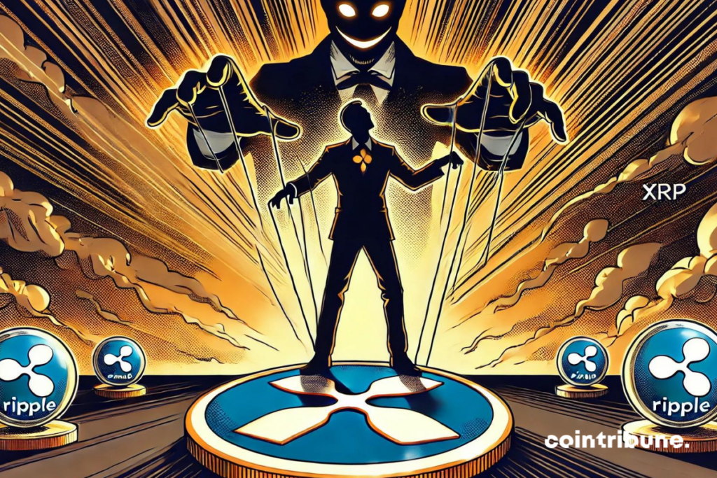 Un personnage fantôme qui manipule un autre qui porte le logo du XRP