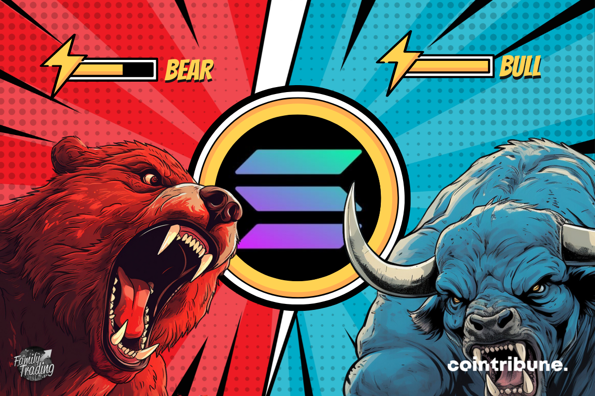 Logo sol fond rouge et bleu avec de parts et d’autres un ours rouge et un taureau bleu enragés. En haut de chacun, on peut voir la barre de pouvoir de chacun.