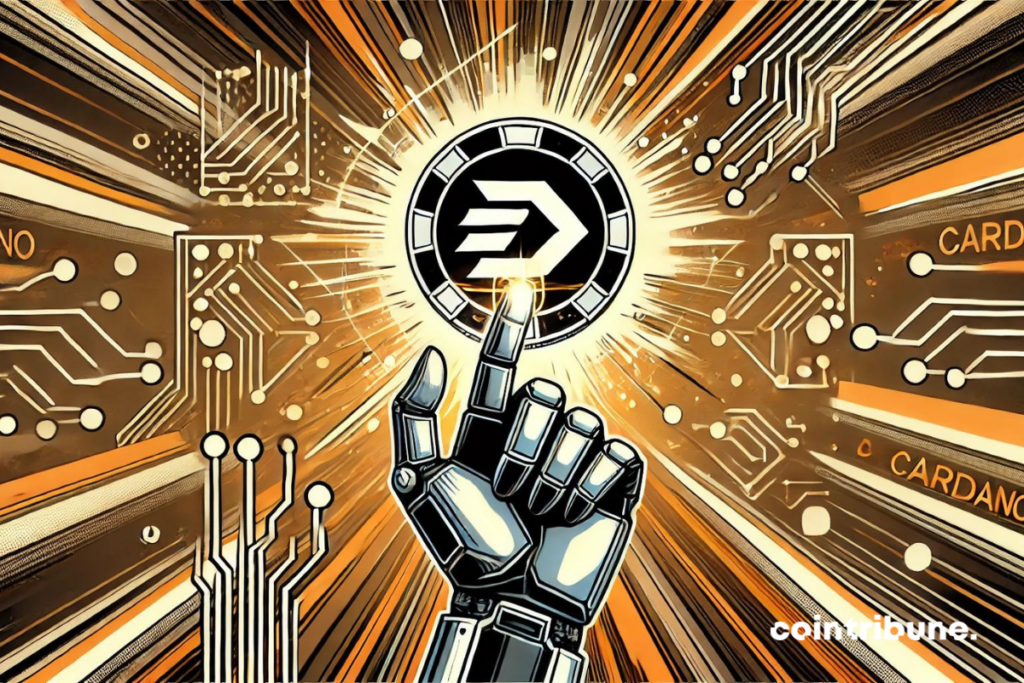 image dans un style bande dessinée pour illustrer l'achat de Cardano (ADA), avec une touche de mystère et de modernité
