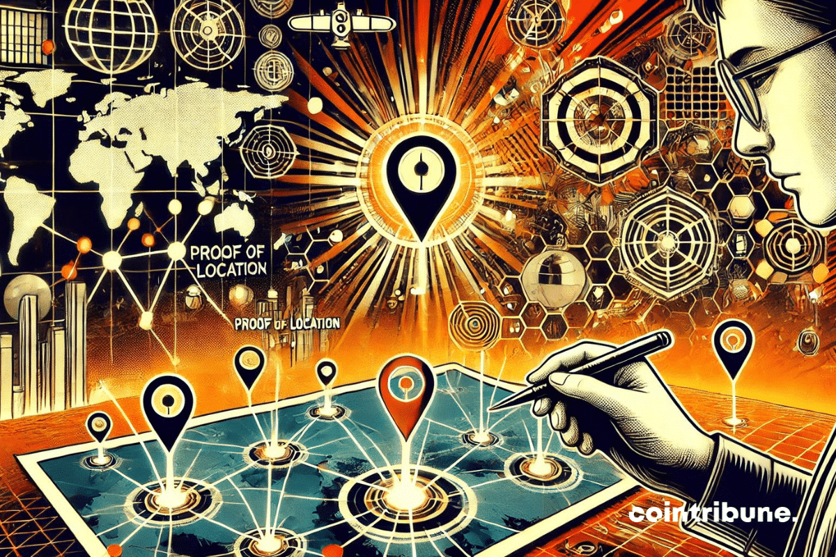 illustration en style bande dessinée pour le Proof of Location Work (POLW), mettant en scène une grille futuriste avec des nœuds lumineux connectés. Un personnage interagit avec un appareil émettant des signaux, symbolisant la vérification des emplacements