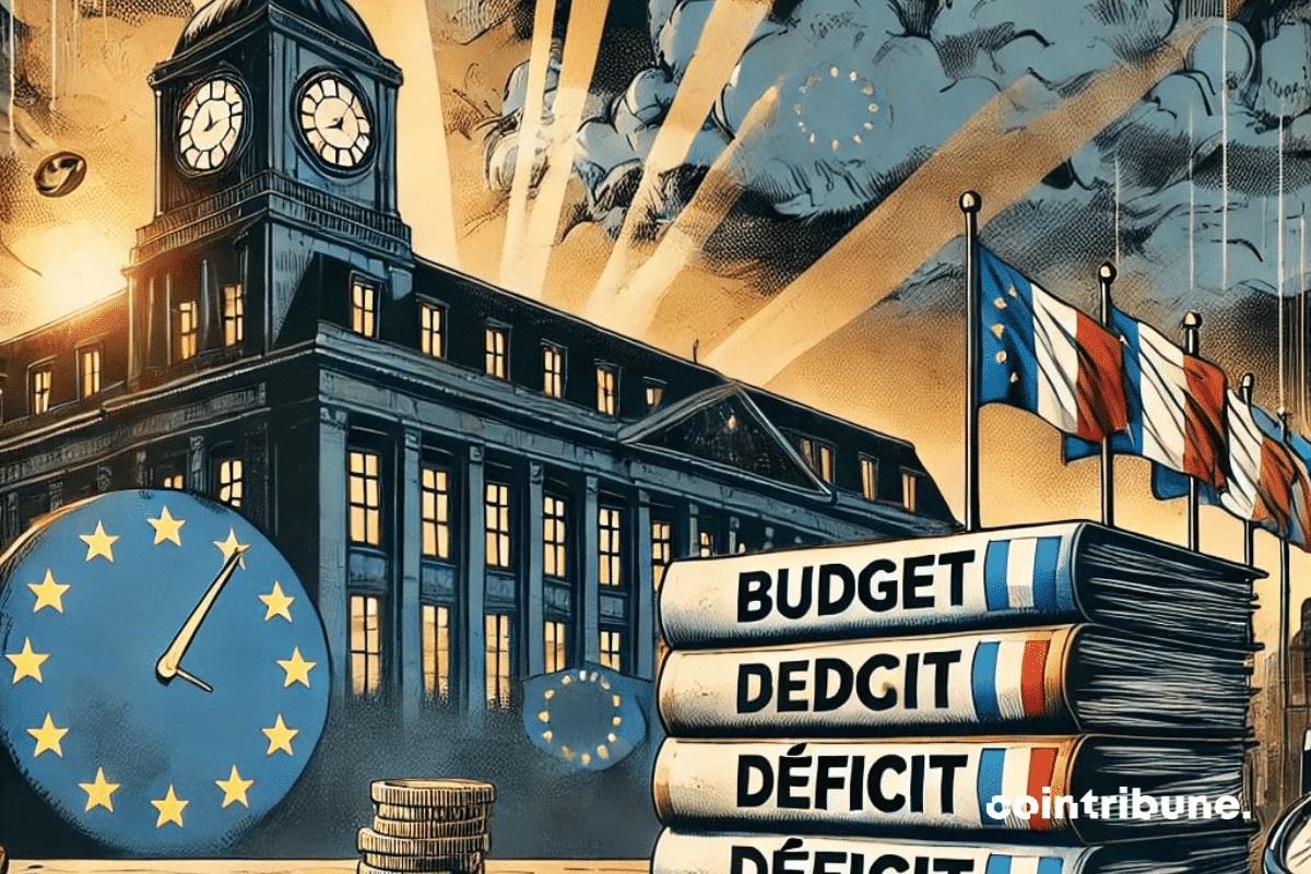 Un paysage européen légèrement sombre, avec des bâtiments gouvernementaux imposants symbolisant l'Union européenne en arrière-plan avec les drapeaux de l’UE et de la France. Au premier plan, une pile de documents officiels marqués "Budget" et "Déficit" est posée sur une table, avec une horloge indiquant une échéance dépassée.