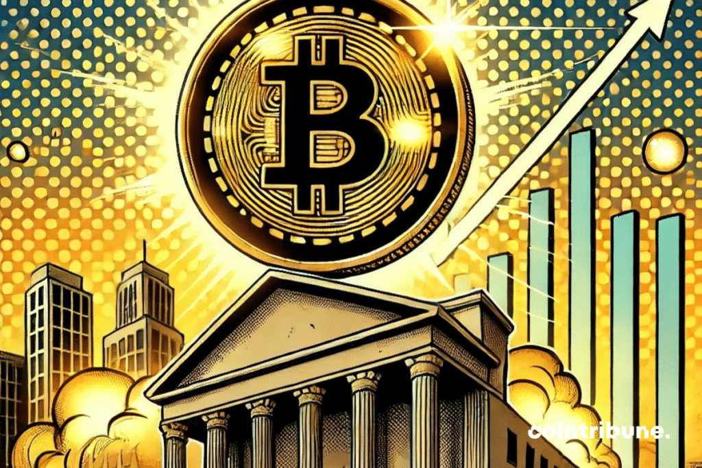 Représentation subtile du Bitcoin sous la forme d'une pièce dorée brillant intensément, flottant au-dessus d'un paysage financier en ruines. En arrière-plan, des bâtiments de banques traditionnelles partiellement effondrés, symbolisant la crise économique globale. À côté du Bitcoin, des faisceaux lumineux représentant des graphiques financiers ascendants. L'image doit évoquer la domination du Bitcoin dans un monde financier incertain, avec un contraste marqué entre le succès du BTC et la chute des institutions traditionnelles.