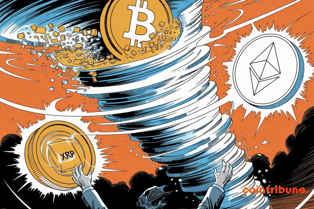 Tornade et pièces de bitcoin, d'ether et de XRP