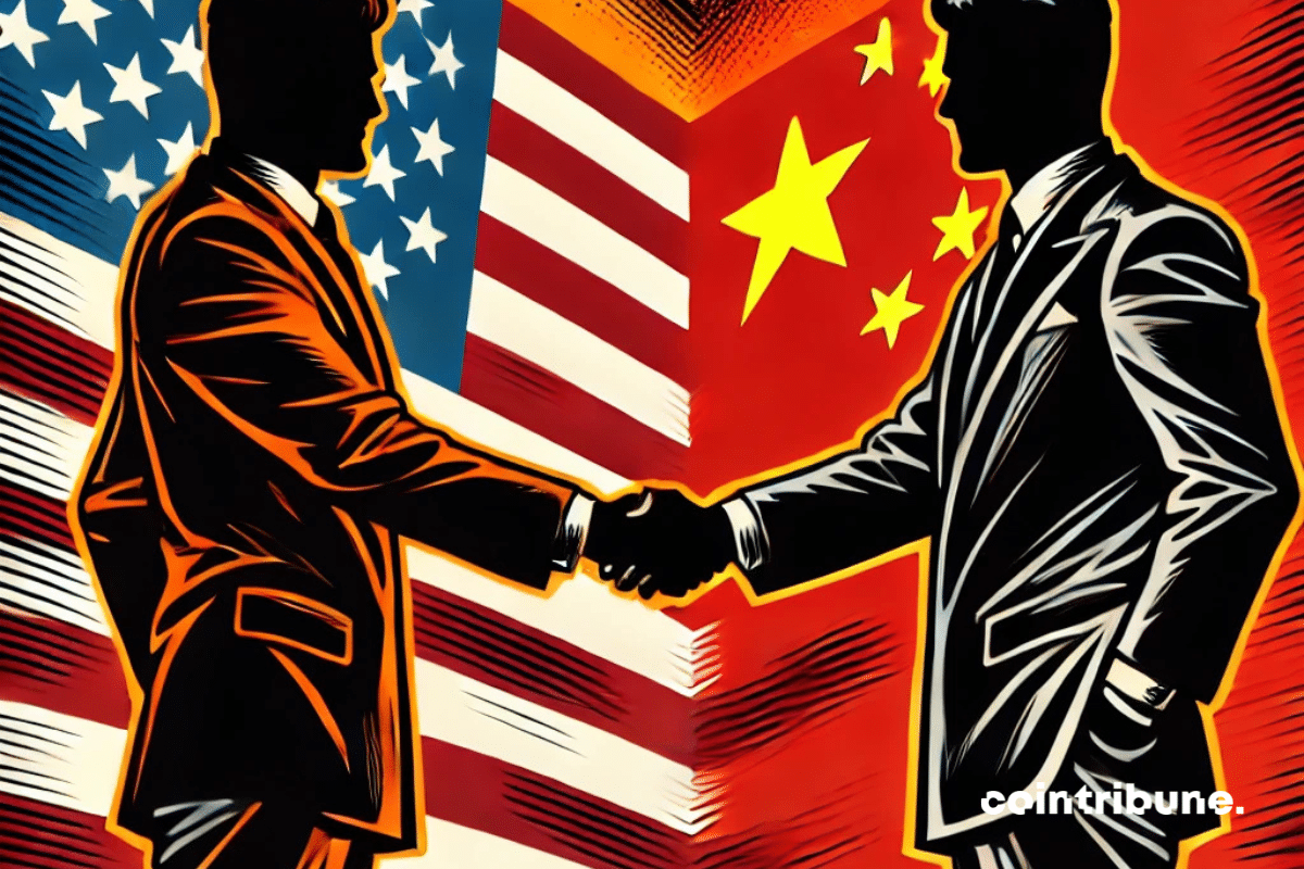 Un dirigeant des  serrant fermement la main d’un homme d’affaires chinois. Leurs expressions sont sérieuses et tendues, donnant une impression de conflit malgré la poignée de main.