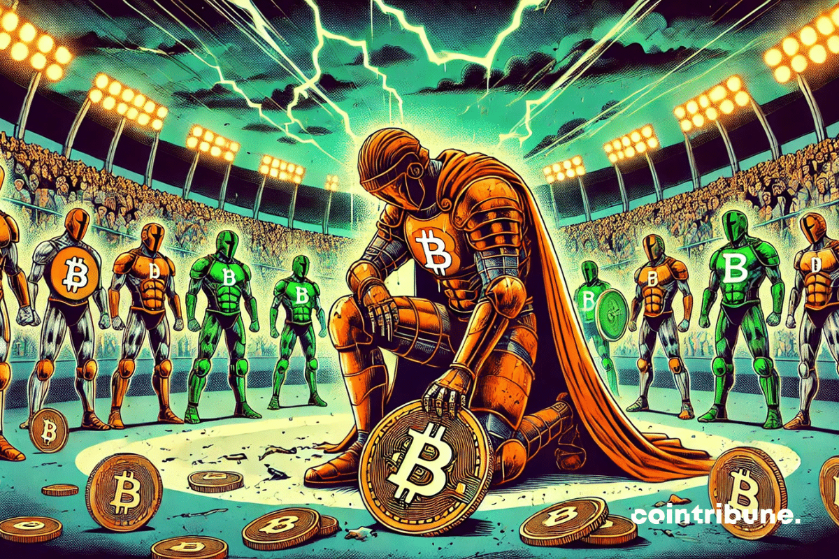 Elle représente une scène dramatique où Bitcoin, en guerrier épuisé, est entouré par des altcoins triomphants, dans une arène sous tension.