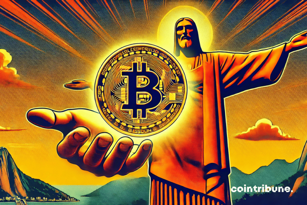 Le Christ Rédempteur tenant une pièce de Bitcoin géante, comme un symbole de présentation au monde.