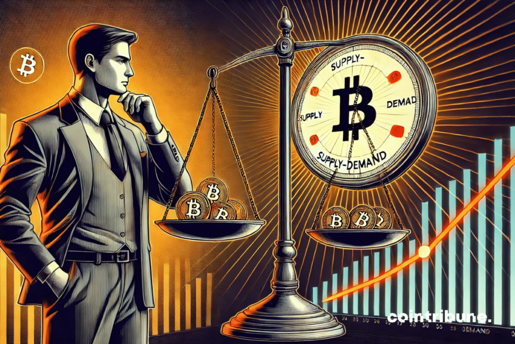 Una balanza clásica con Bitcoins de un lado y un gráfico luminoso del otro.