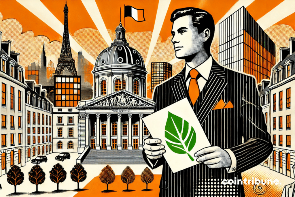 Une vue extérieure avec un bâtiment emblématique du Sénat (inspiré du Palais du Luxembourg) au centre. Un sénateur en costume, au visage concentré, tenant un document relatif à l'écologie et à l'immobilier en France marqué d’un graphique ou d’une feuille verte.