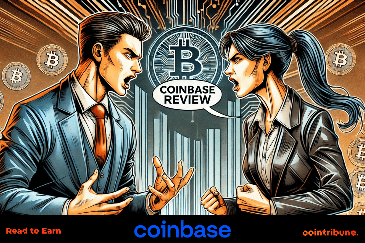 Two people in suits give their opinions on Coinbase