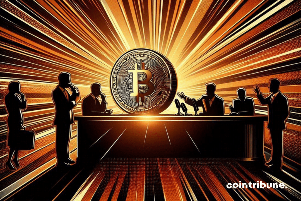 Bitcoin coin surrounded by journalists