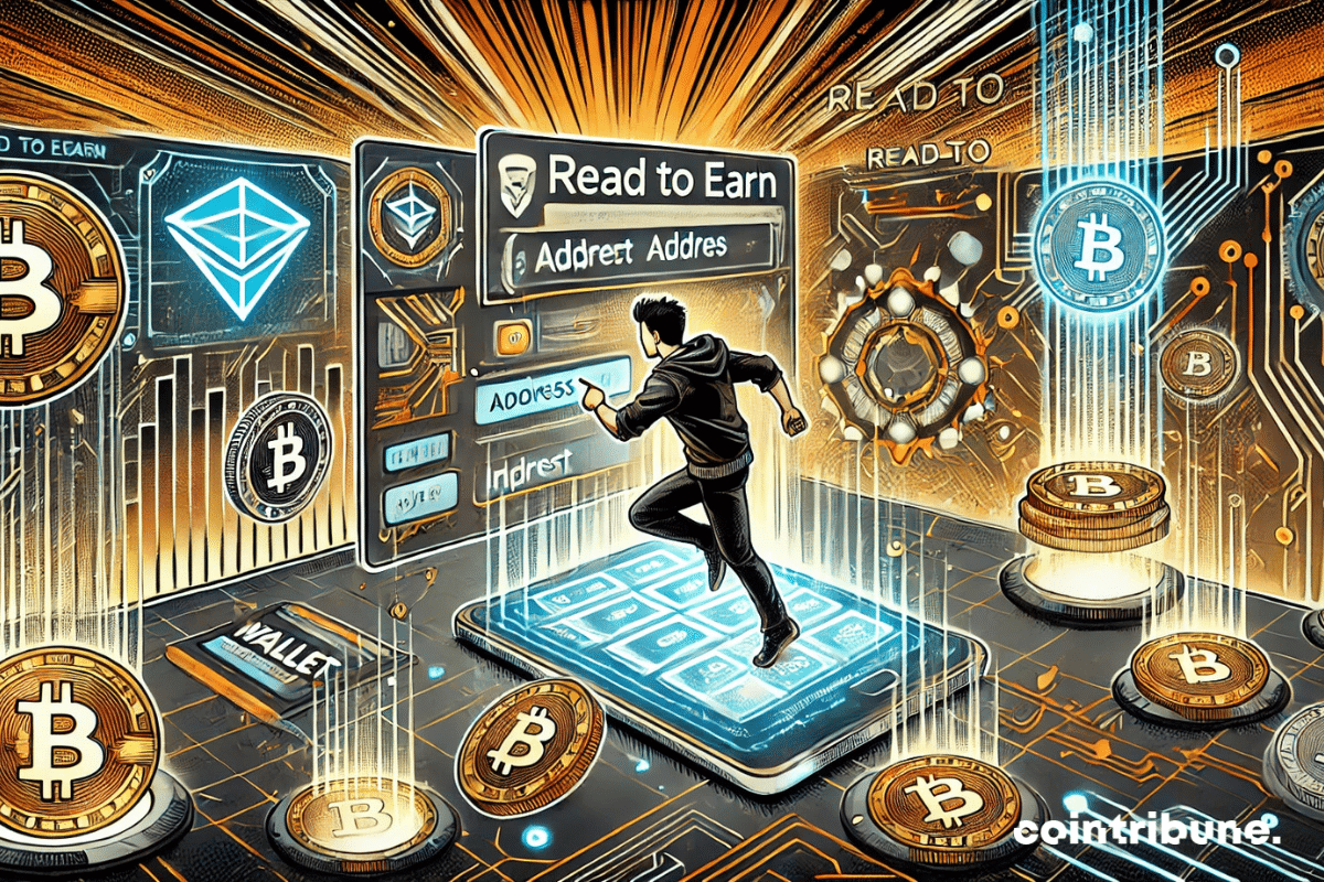 illustration mettant en scène une console holographique futuriste avec un utilisateur renseignant un portefeuille crypto. Le design met l'accent sur le dynamisme et les éléments technologiques pour attirer l'attention