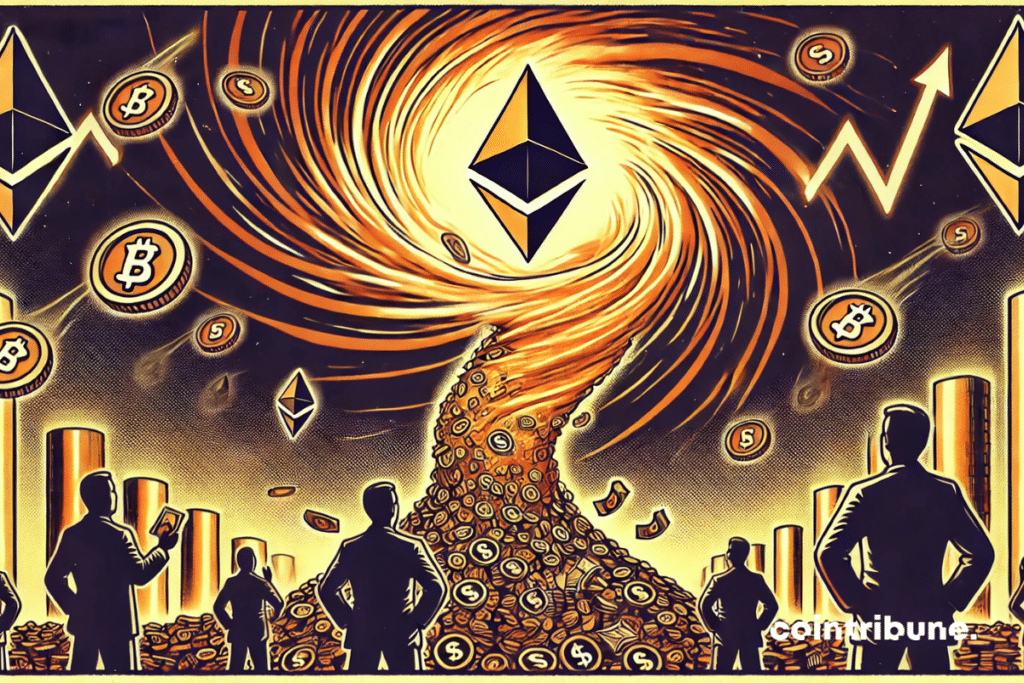 An energy tornado with Ethereum at its center, attracting bills, coins, and bullish charts.