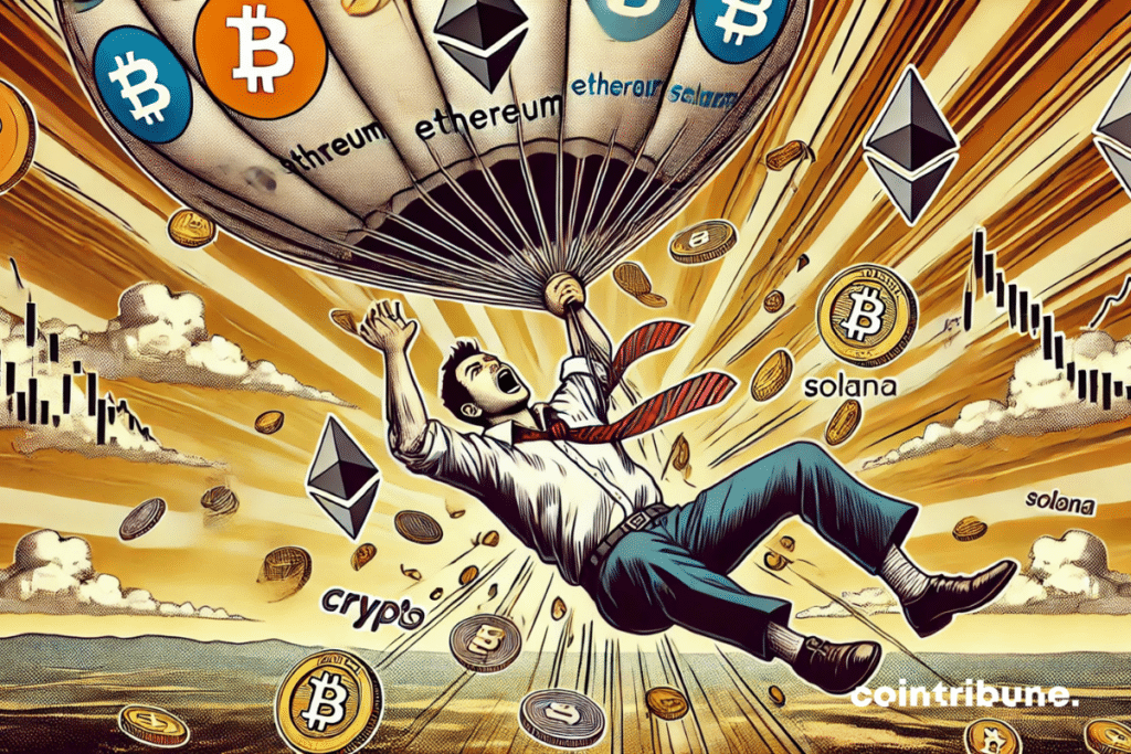 Un personnage suspendu à une montgolfière en train de perdre de l’altitude, où les pièces de crypto tombent en pluie symbolisant la flambée des altcoins.
