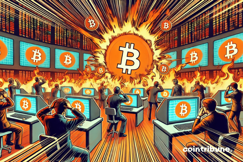 A virtual trading floor, panicked holographic traders in front of screens where the charts explode in bright orange.
