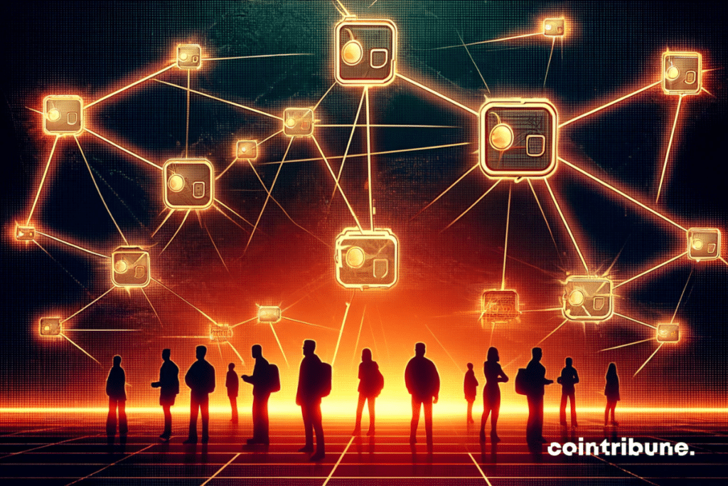 Wide shot showing several human silhouettes with luminous lines connecting them to floating crypto wallets.