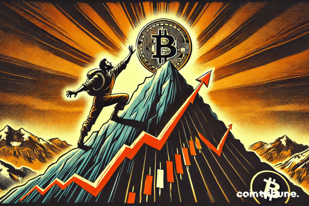 Una montaña estilizada con un gráfico de curva, la moneda de Bitcoin en la cima.