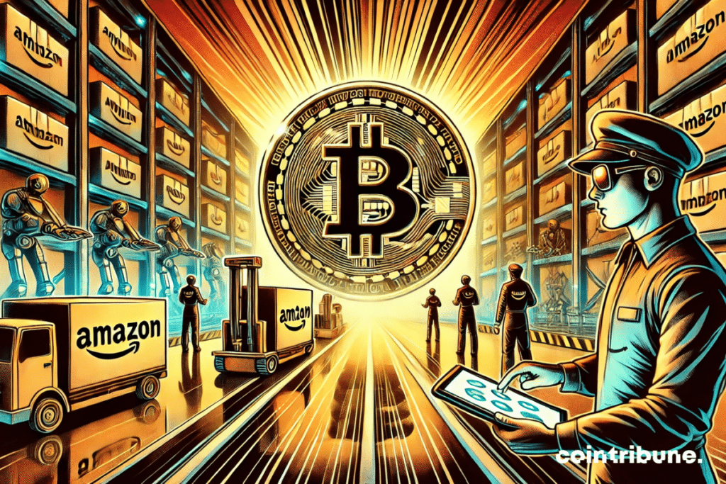 An Amazon warehouse in the background with a huge shiny Bitcoin coin in the center.