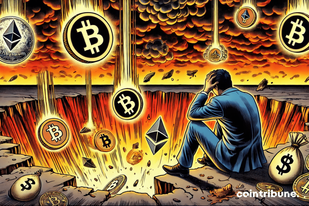 A dramatic view showing the symbols of cryptocurrencies (Bitcoin, Ethereum) falling into a fiery crevasse.