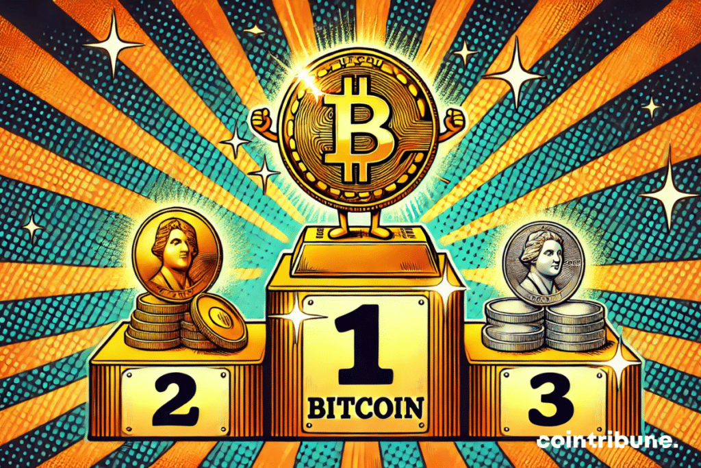 Front view of a podium with Bitcoin in first place, gold in second, and silver in third.