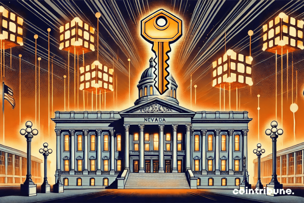 Un edificio gubernamental emblemático de Nevada, coronado por una inmensa llave digital holográfica que representa la seguridad de la blockchain.
