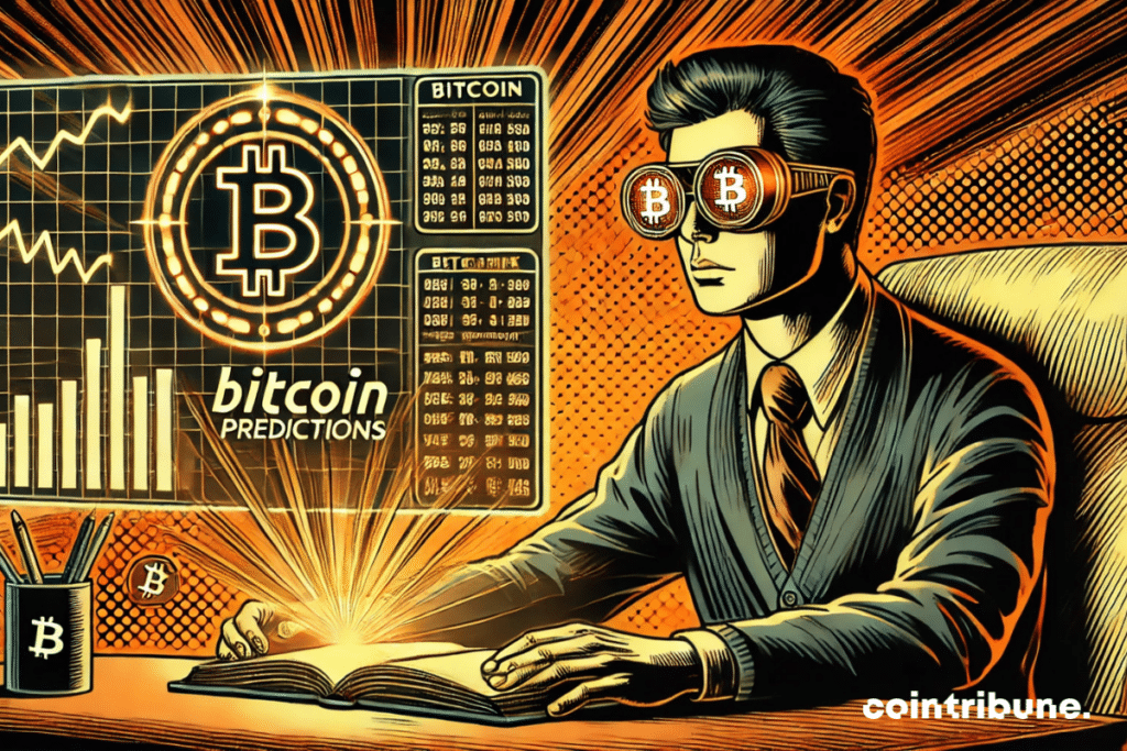 An analyst flips through a book or a futuristic tablet displaying Bitcoin predictions, with holograms and numbers emerging from the screen.