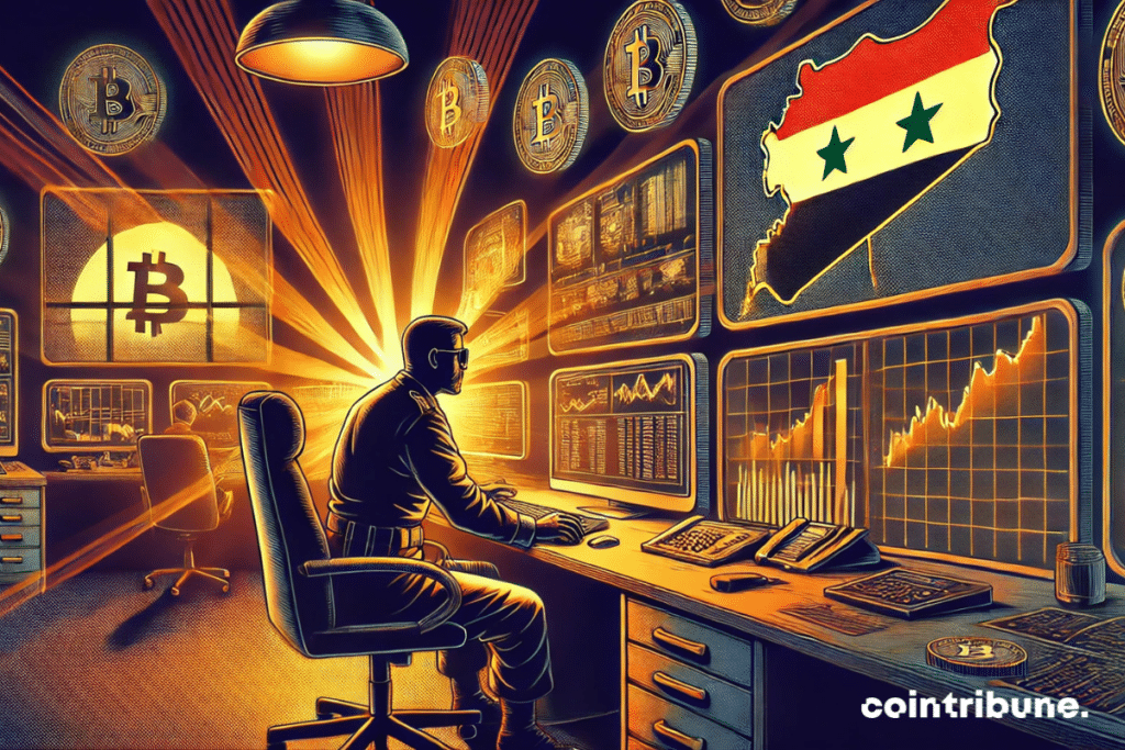 Un bureau sombre, éclairé par des écrans montrant des graphiques de cryptos et une carte de la Syrie en arrière-plan. Un homme en tenue militaire membre de HTS, observant un écran avec une expression de satisfaction calculatrice.