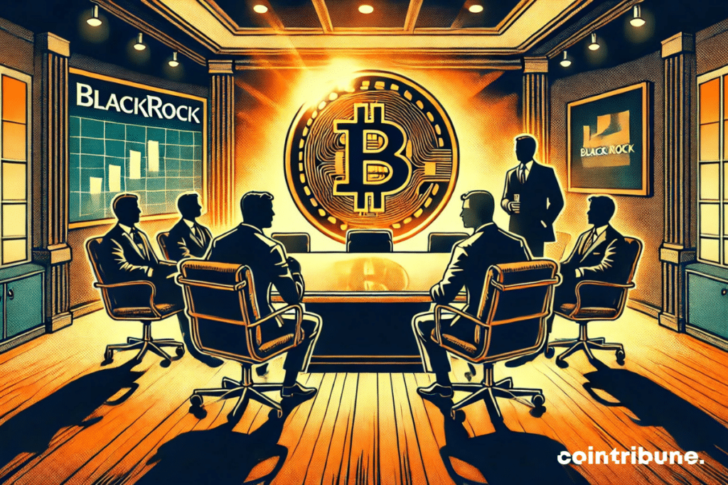 Una sala de reuniones lujosa con siluetas de ejecutivos financieros discutiendo, una gran pieza de Bitcoin proyecta una luz naranja sobre la mesa.
