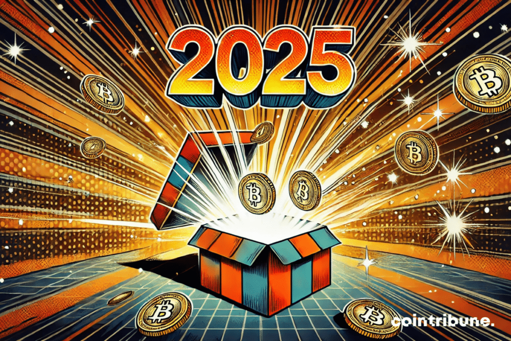 Une grande boîte à surprises ouverte, des Bitcoins lumineux jaillissant comme des feux d'artifice. Un hologramme affiche "2025" au-dessus ce qui symbolise les prédictions de VanEck.