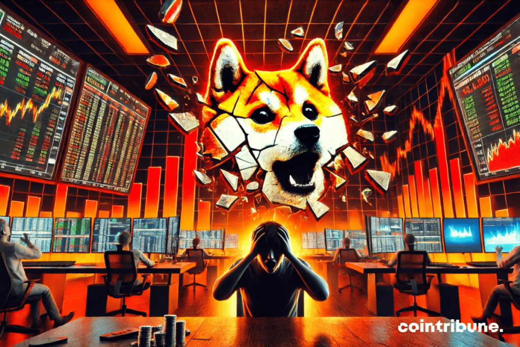 Une salle de marché chaotique avec des écrans affichant un graphique rouge en baisse. Un logo Shiba Inu est éclatant mais fragmenté. Un investisseur crypto paniqué, tenant sa tête avec les mains en voyant l'écran.