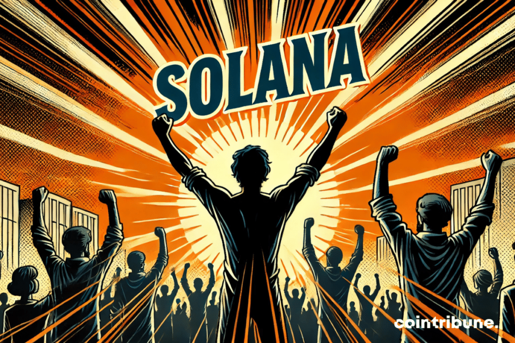 Euphoric pro-crypto human silhouettes with the inscription Solana in bright orange