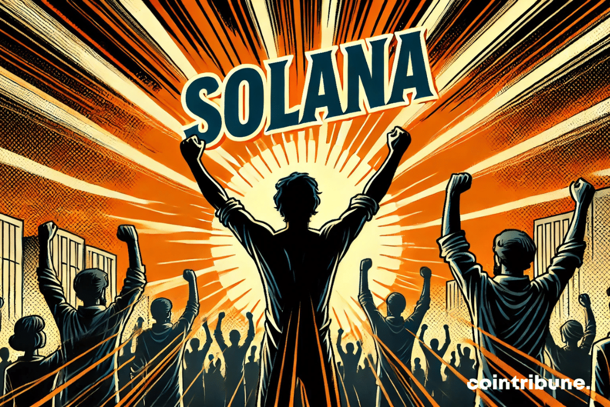Siluetas humanas pro-cripto eufóricas con la inscripción Solana en naranja brillante