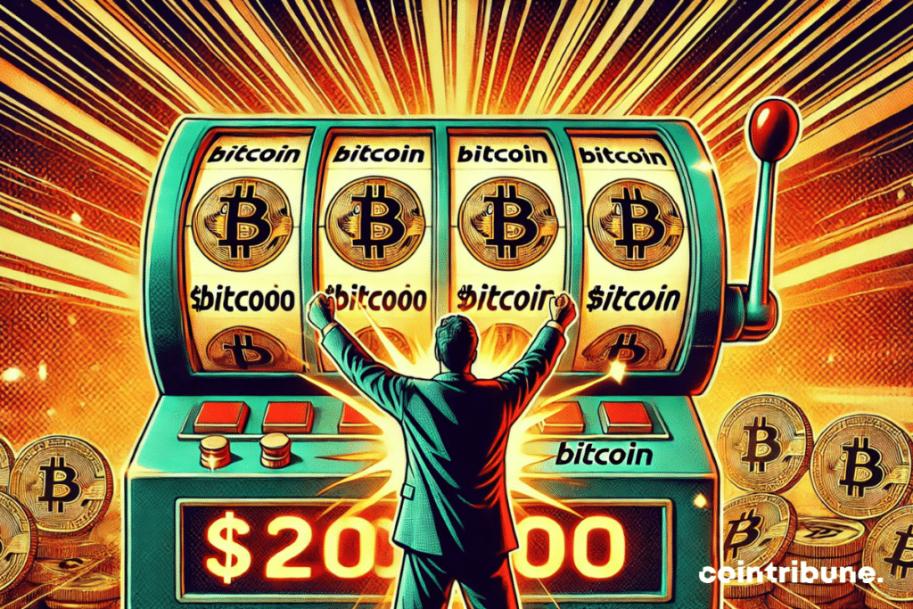 A slot machine displaying a 0,000 Bitcoin jackpot, with an investor celebrating joyfully.