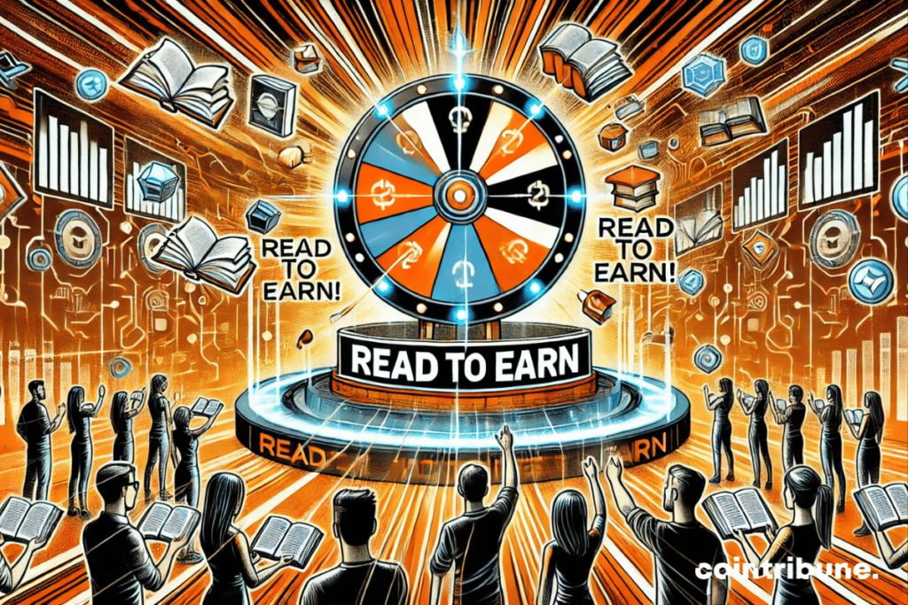 illustration mettant en avant une roue de la fortune holographique avec des participants enthousiastes, symbolisant les jeux-concours du Read to Earn