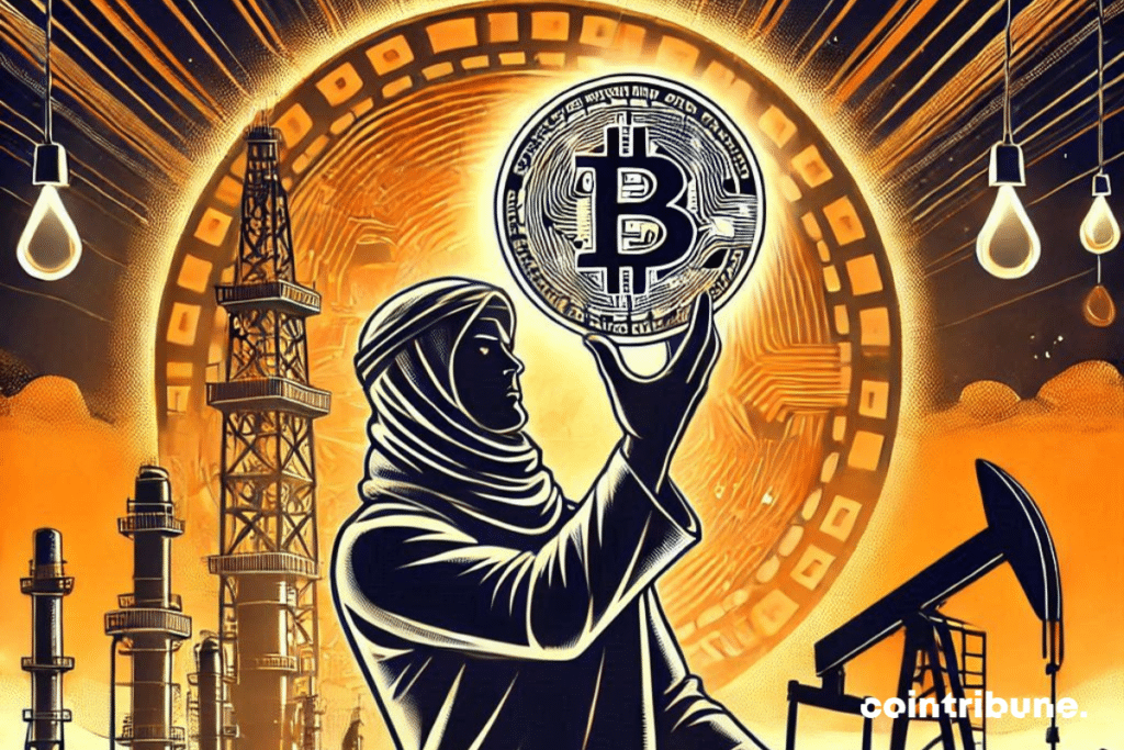 Illustration of a person attracted by bitcoin and oil
