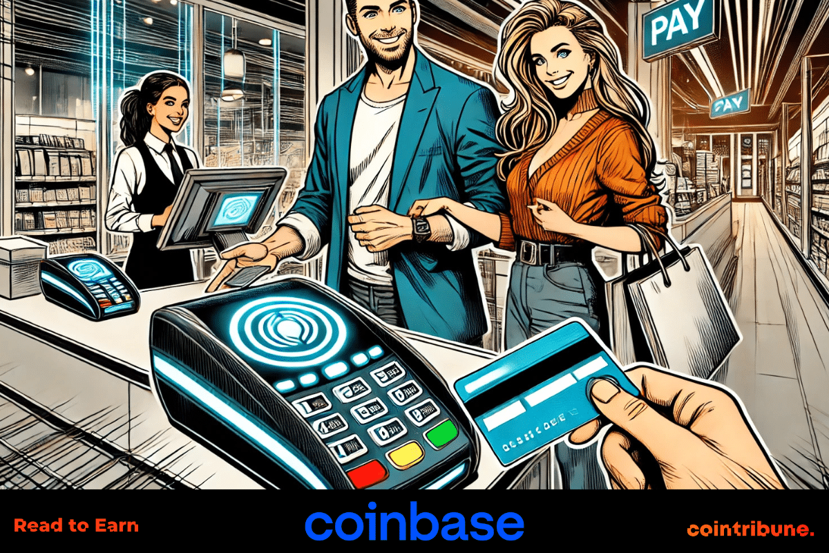 a couple who want to confirm a purchase with the Coinbase crypto card