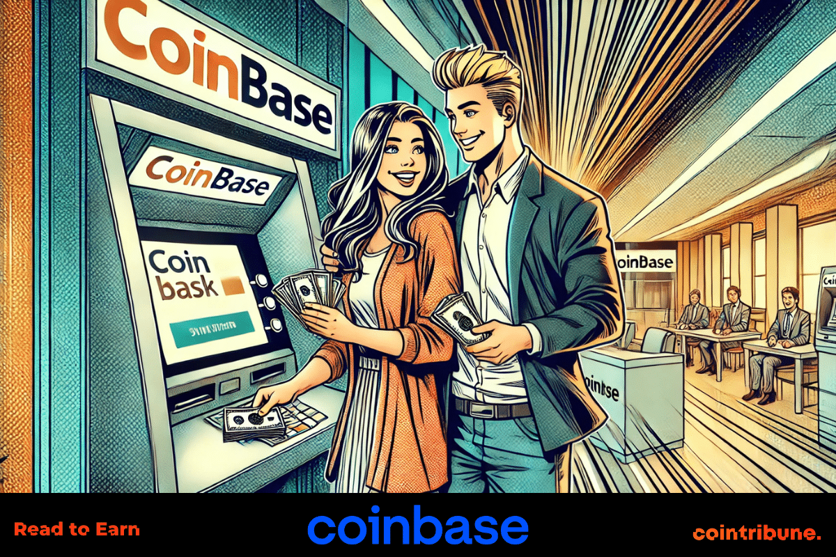 Image showing a couple withdrawing money from a Coinbase ATM