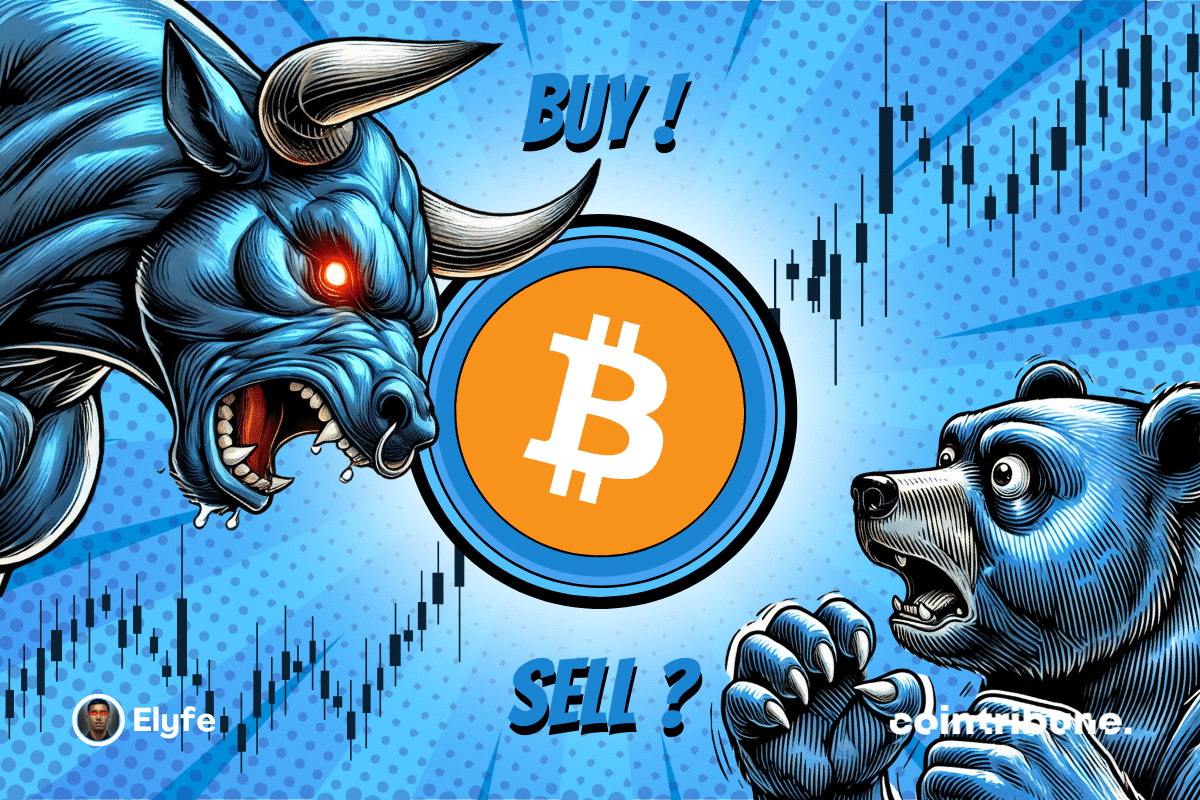 Logo Bitcoin fond bleu avec de parts et d’autres un ours et un taureau bleu au regard expressif. en fond un graphique apparaît.