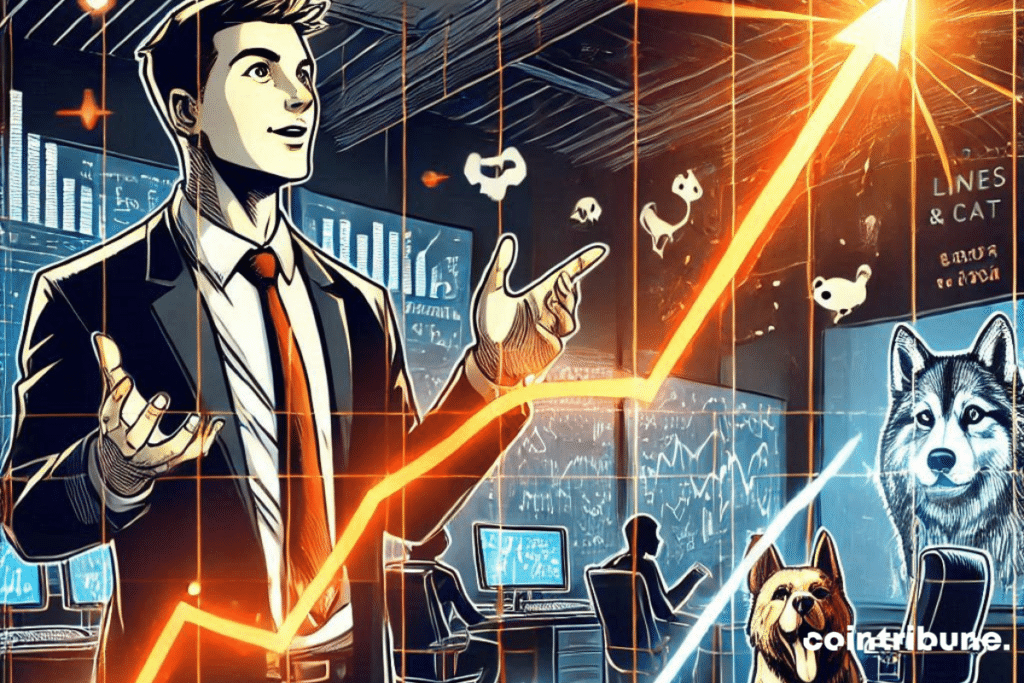 Trader observing data on animal memes and holograms