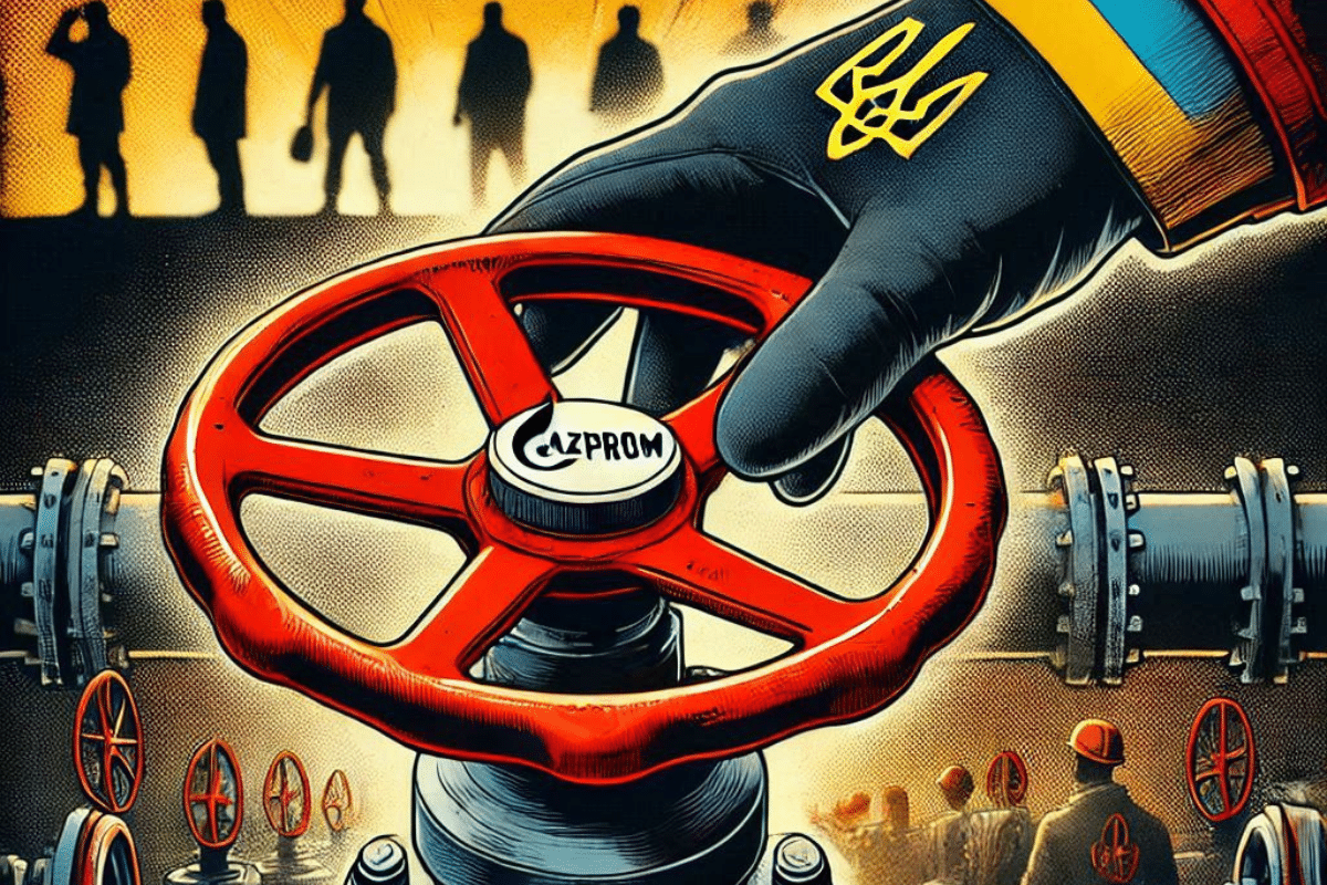 Main gantée aux symboles ukrainiens fermant une vanne de gazoduc